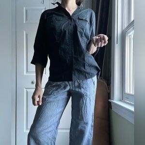 Lane Bryant 100% cotton navy blue 3/4 sleeve button down light weight EUC